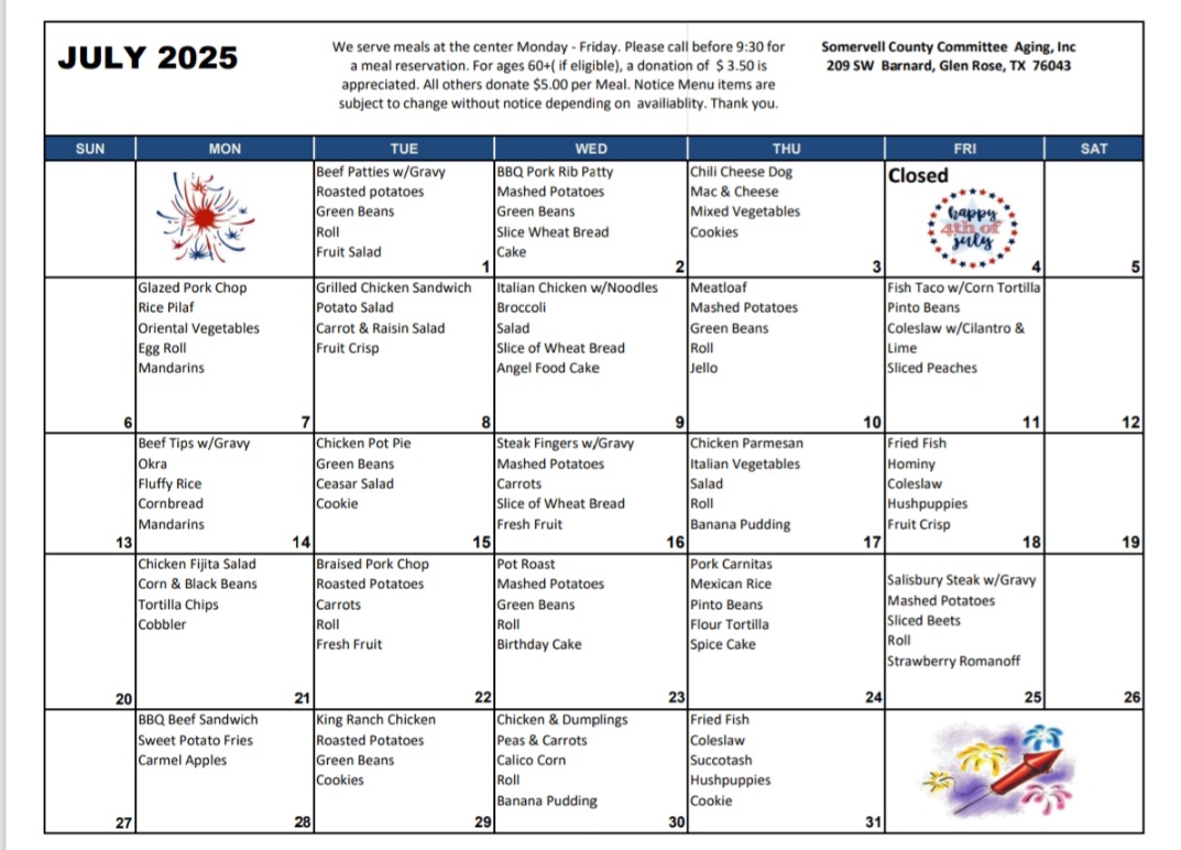 July Menu calendar